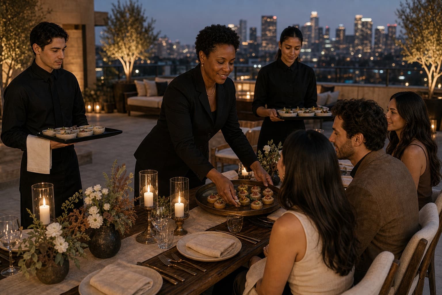 Rooftop dinner service sample for Hosted Catering